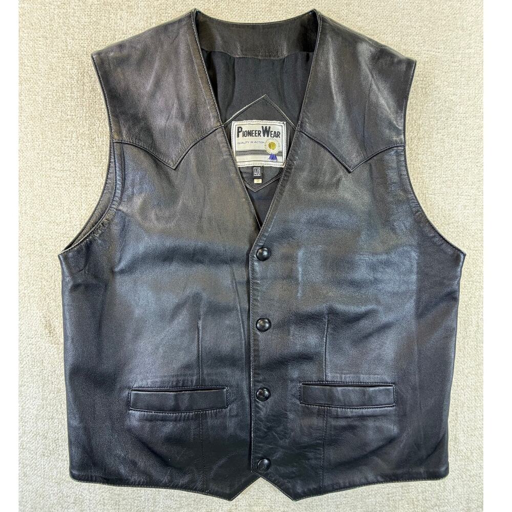 Pioneer Wear Men 40 Black Leather Snap Front Western Cowboy Rodeo Vest